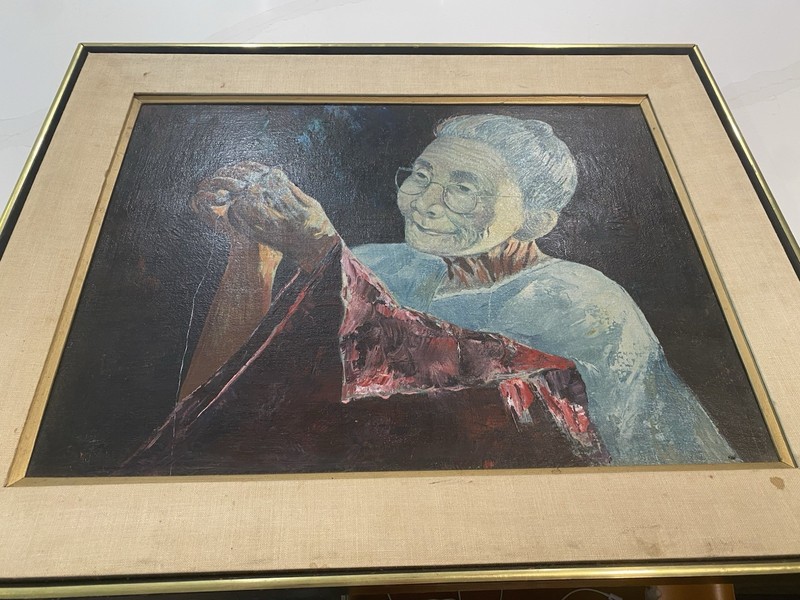 THE SEAMSTRESS 1975 Oil On Canvas MCM Painting Signed By Artist