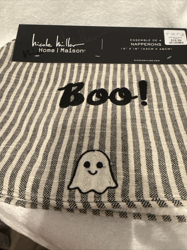Nicole Miller Home Maison Halloween Boo Ghost Striped Oval Placemats Set 4 13x19