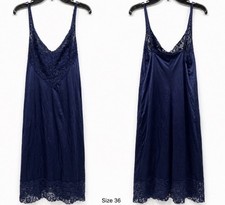Vintage Vanity Fair Navy Blue Nylon Lace Full Slip Nightie Women's Size 36 USA