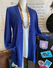 Isaac Mizrahi Royal Navy Blue Sweater Cardigan Chevron Stitch Trim New