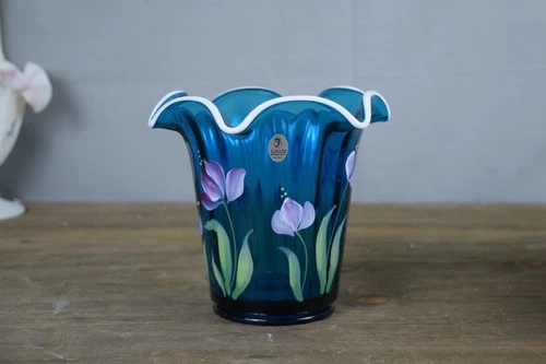 Fenton Teal Blue Hand Painted Floral Ruffled Vase USA 2003