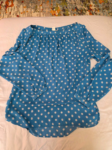 LOFT Outlet Women’s Blue White Polka Dot Round Neck Pullover Blouse Size L