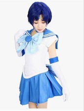 Sailor Moon Cosplay Costume Set Blue White Polyester with Tiara Gloves Use