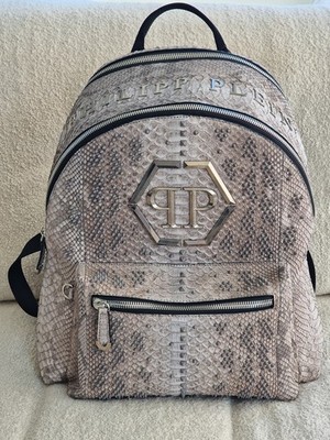 Original Philipp Plein Backpack ''Riley'' Pythonleder Grey/Nickel Luxus Rucksack