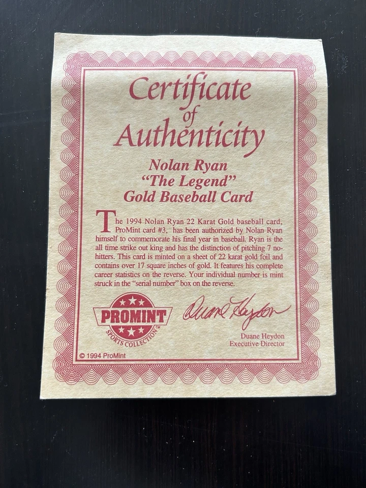 1994 Pro Mint Promint Nolan Ryan 22kt Gold Card With Coa Numbered. - Image 4 of 4