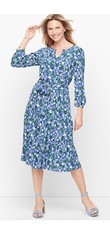 Talbot's Size 10P Floral Waist Tie Dress Blue Green White Women's Brand New