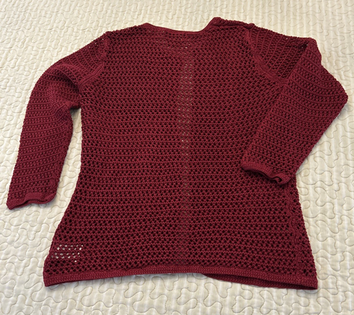 Eddie Bauer Crochet Cardigan Womens Large Tall Red 3/4 Sleeve Abalone Buttons - Picture 4 of 12