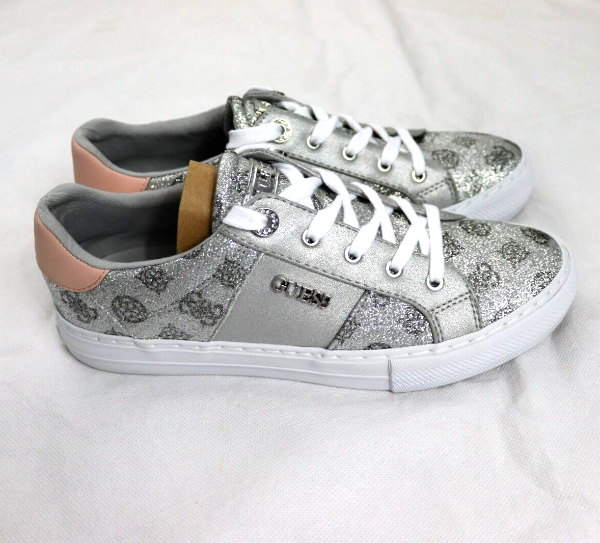 GUESS Women GW Loven3 Glitter Silver Gray Lace Up Casual Sneaker