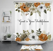 Rustic Orange Wildflower Inspirational Shower Curtain Set for Bathroom Decor