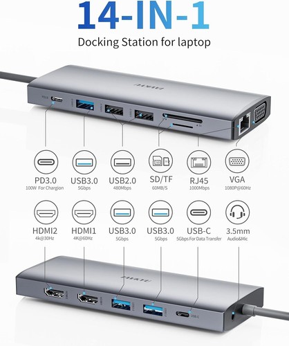 Premium Aluminum USB-C Hub with 14 Ports, Dual HDMI 4K, and Fast Charging - Photo 4/11