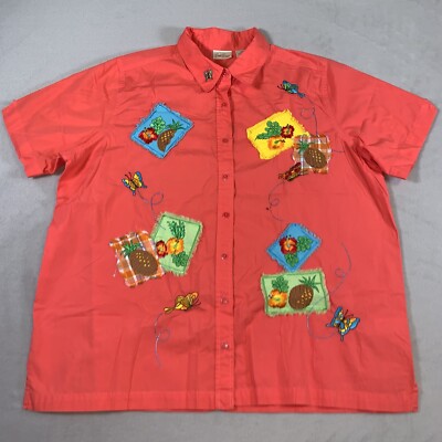 Bobbie Brooks Shirt Womens Size 18W/20W Orange Gardening Theme Button Front Top