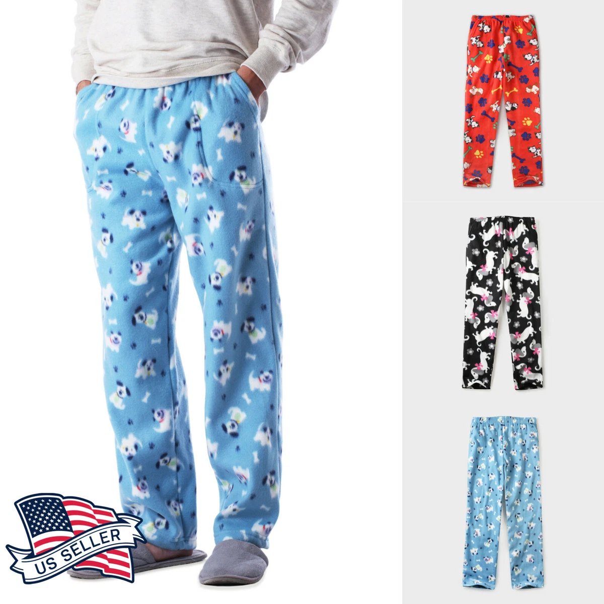 Men's Animal Puppy Print Soft Fuzzy Fleece Brushed Winter Pajama Pants