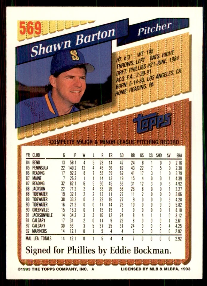 1993 Topps Shawn Barton Baseball Cards #569 - Image 2 of 2