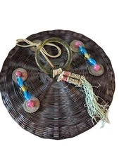 Unique Vintage Chinese Bamboo Sewing Basket Box with Lid, 7" Diam - 2 1/4" High