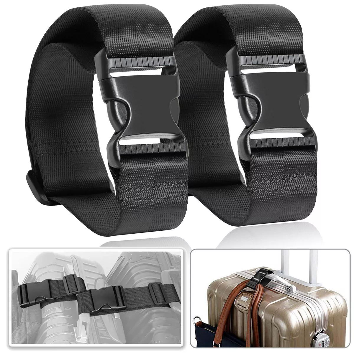 Luggage Straps,Two Add a Bag Suitcase Strap Belt,Adjustable Travel  Attachment Accessories for Connect Your Three Luggage Together - 2  Pack(Black)