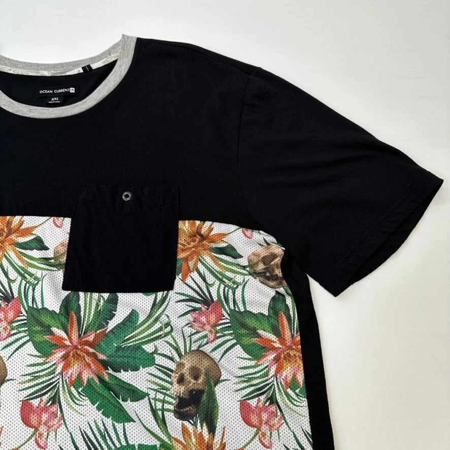 Ocean Current Shirt Men XXL Skull Floral Patchwork Color Block Pocket Core Ex Foto 3 de 4