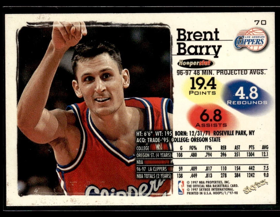 1997-98 Skybox NBA Hoops Brent Barry #70 Los Angeles Clippers - Image 2 of 2