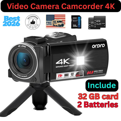 4K Camcorder 64MP Vlogging Camera IR Night Vision 18X Zoom 2 Batteries 32GB