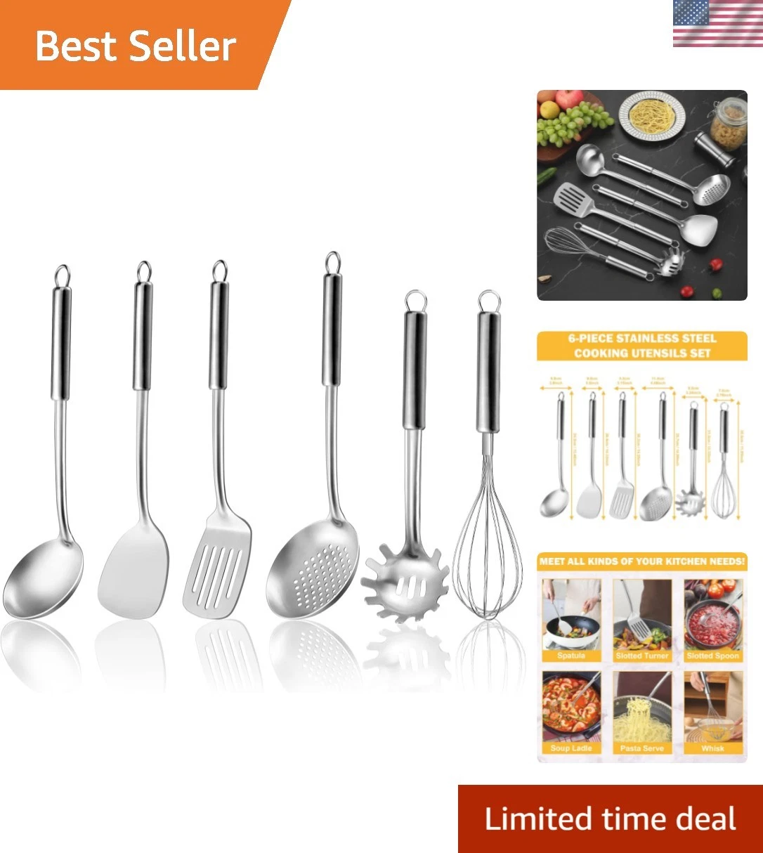 6-Piece Kitchen Cooking Utensils Set, Stainless Steel Kitchen Utensils with S...