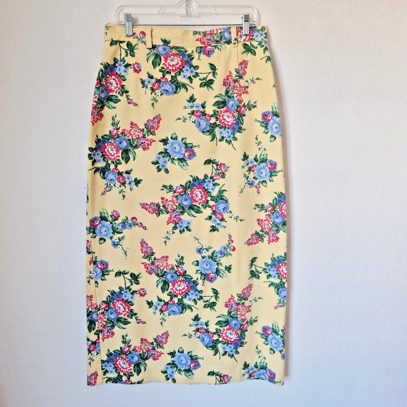 Vintage Willowbend Made in USA Twill Floral Midi Pencil Skirt Yellow Women's 12