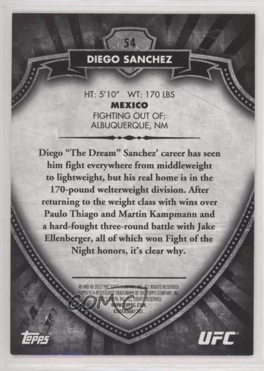 2012 Topps UFC Bloodlines Diego Sanchez #54 - Image 2 of 2