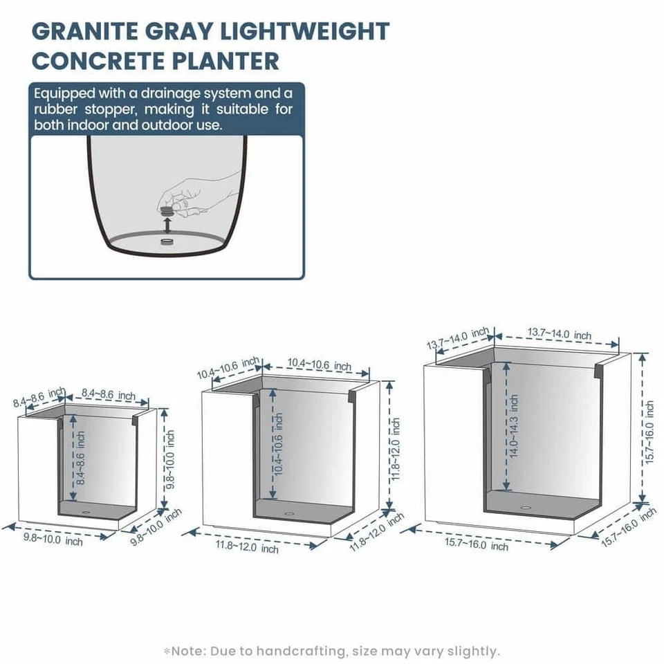 Moderno 10 pulgadas, 12 pulgadas, 16 pulgadas Alto Grande Alto Cuadrado Granito Gris Exterior Cemento Pl Foto 4 de 4
