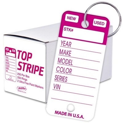 250 Tear-Proof Vinyl Poly Car Key Tags with Split Rings Two Markers Magenta