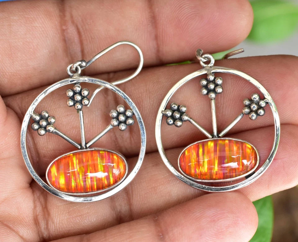 Pendientes colgantes de plata de ley 925 ovalados de ópalo de fuego naranja de 45,00 quilates joyas para mujer Foto 3 de 4