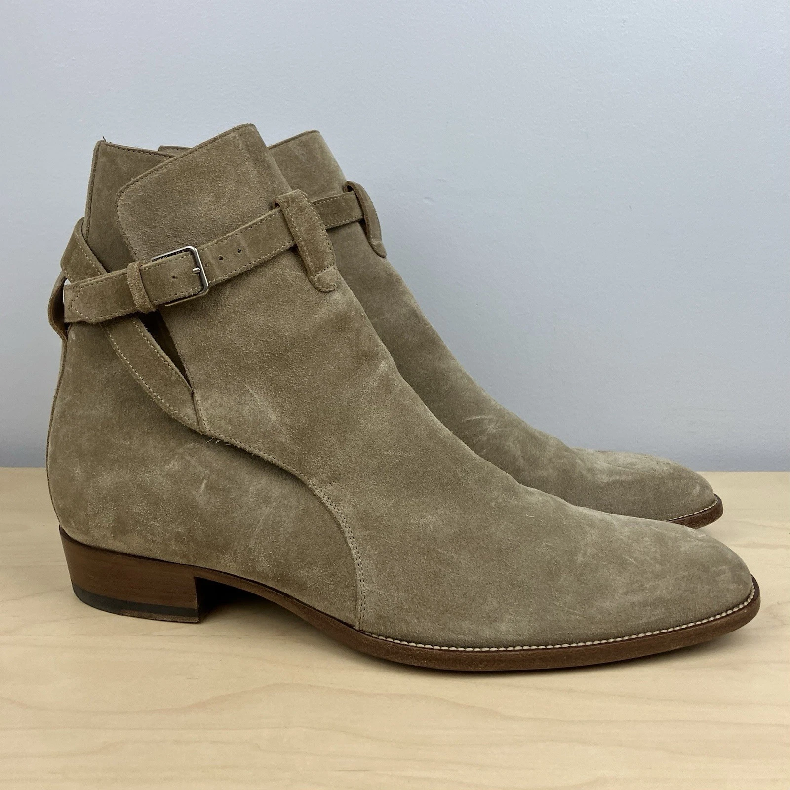 Saint Laurent — Saint Laurent YSL Men’s Size 44 / 11 Wyatt Jodphur Taupe Suede Ankle Boots Strap