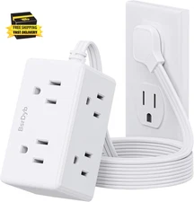 5Ft Flat Plug Small Power Strip,3-Side White Extension Cord with 6 Wide Outlets