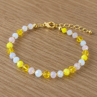 Bracelet femme perles rondes facettées jaune blanc rose réglable fait main doré - Photo 1/2