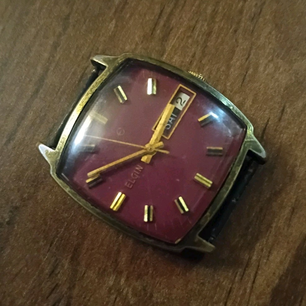 Elgin Men's Square Red Dial Gold Stainless Steel Wristwatch Day/Date