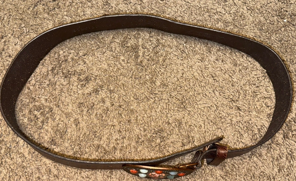 Lg Vintage Fossil Belt Brown Leather Big Buckle With Stone Embossed - Image 3 of 3