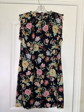 Tommy Hilfiger Navy Blue Floral Cap Sleeve Ruffle Mock Neck Shift Dress Size 14 