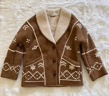 Maje Gaboul Embroidered Shearling Coat Jacket Suede Leather Camel 38