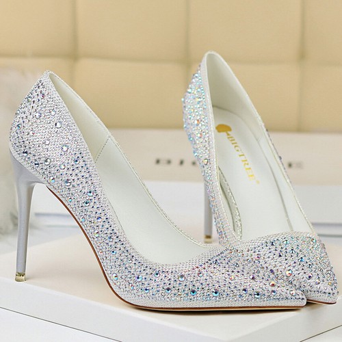 Women's Stilettos Pumps Pointed Toe Rhinestone Heeled Dress Wedding Ladies Shoes - Picture 9 of 24
