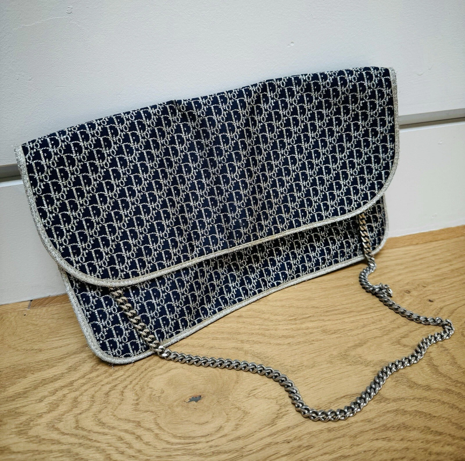 Sac à main Christian Dior vintage logo all over bleu marine argent chaîne maillon sangle