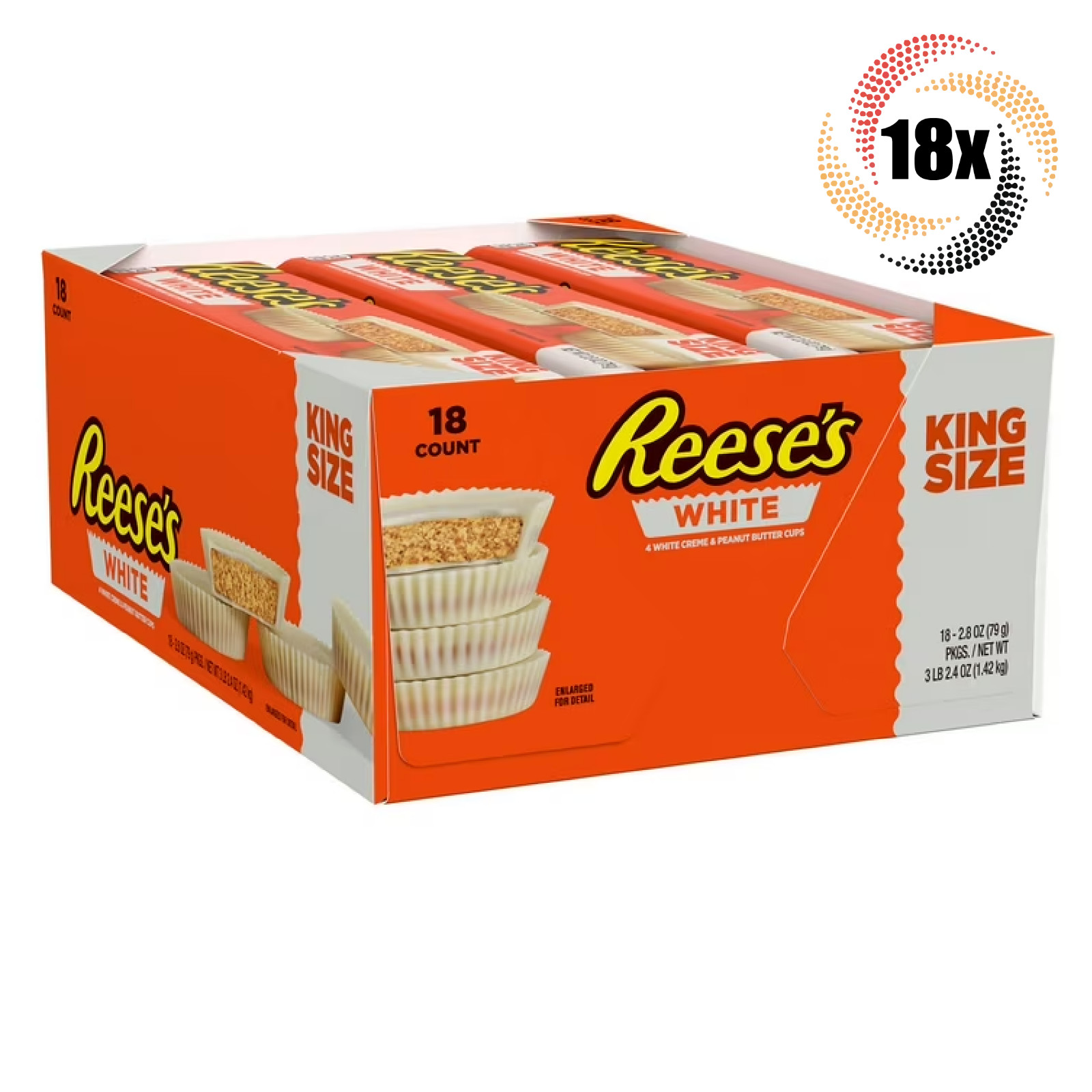 Полная коробка из 18 упаковок с арахисовым маслом Reeses White Creme | по 4 чашки в каждой | 2,8 унции