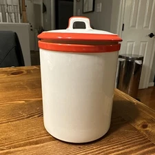 Crate & Barrel Canister Red White Ceramic Kitchen w/Lid 6 Inch Cookie Coffee