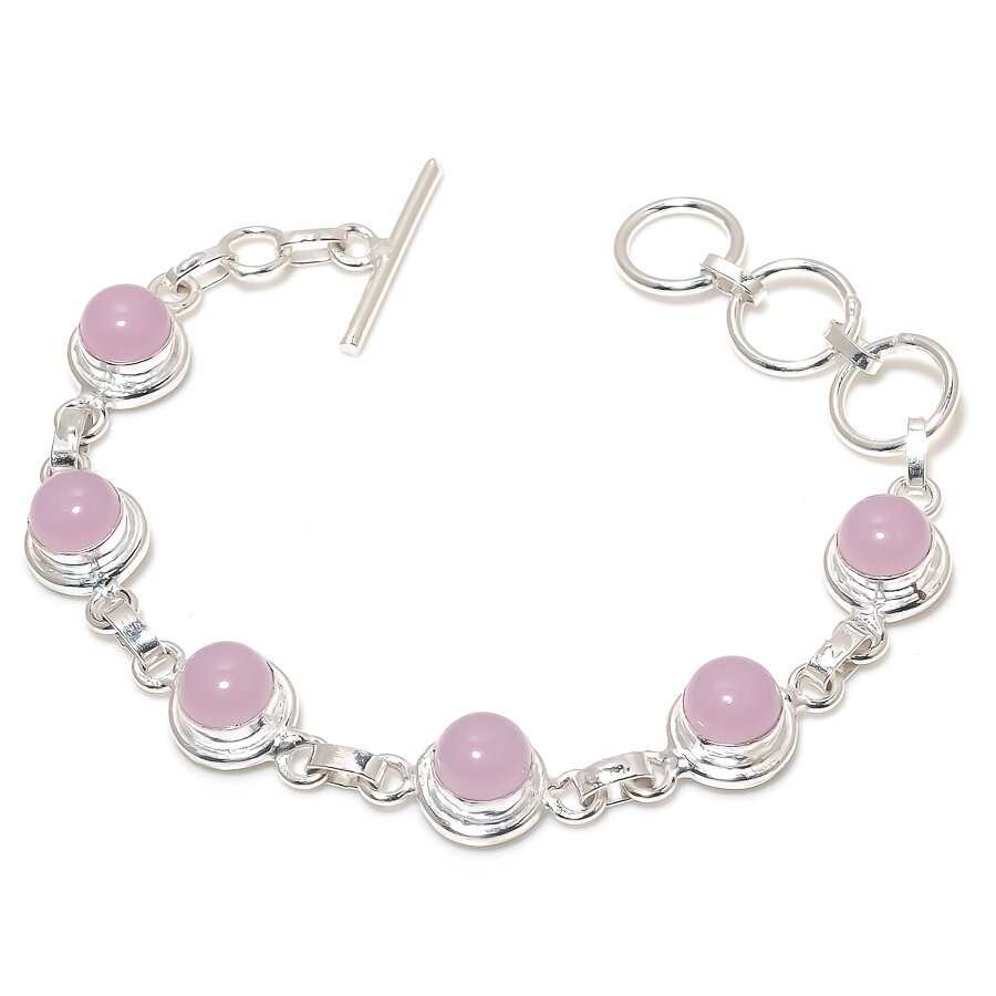 "Pink Rose Quartz Gemstone Handmade 925 Sterling Silver Jewelry Bracelet Sz 7-8\""