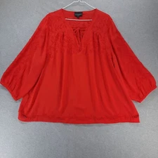 Cynthia Rowley Top Womens 2X Red Embroidered Boho Peasant Balloon Sleeve Blouse