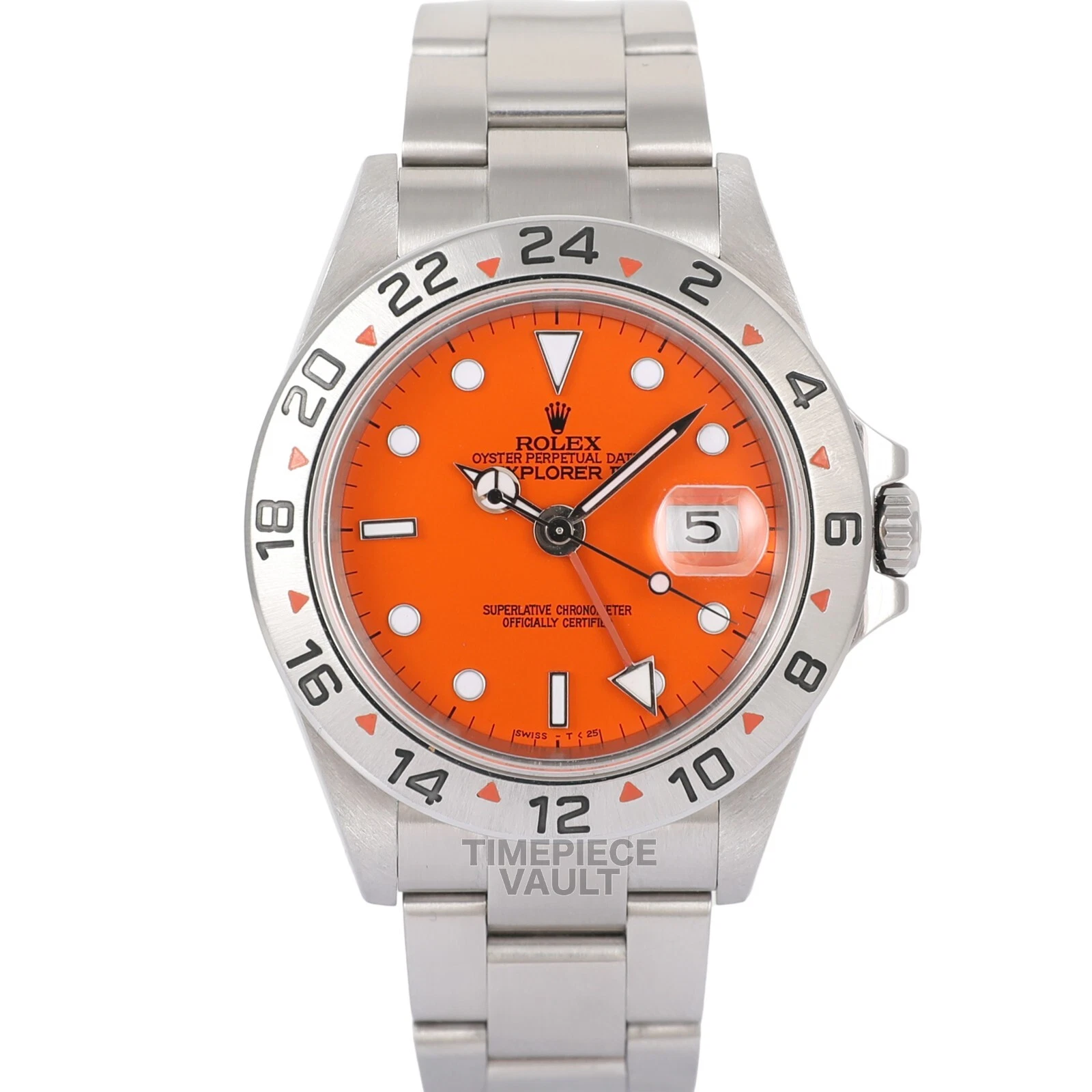 ROLEX MEN EXPLORER II 16570 GMT NO-HOLE DATE STEEL 40MM ORANGE DIAL OYSTER WATCH