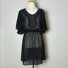 FREDERICK'S OF HOLLYWOOD Small Vintage Black Sheer Blouson Beaded Dress Coquette