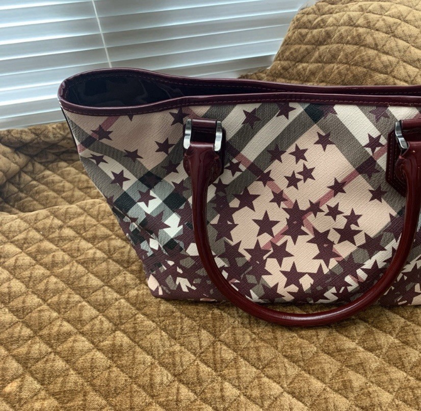 Burberry Star Print Checkered Patent Leather Trim Burgundy Tote Bag thumbnail 7