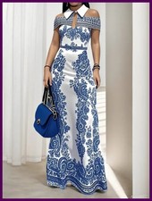 Freeacy Floral Printed Bodycon Dress for Women Cold Shoulder Lapel Collar