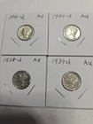 Mercury Dime Set. 1938-D, 1939-D, 1940-D, 1941-D,  AU COLLECTOR GRADE