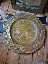 HUGE Antique distressed old arts and crafts brass charger ship fish Pool Hayle?