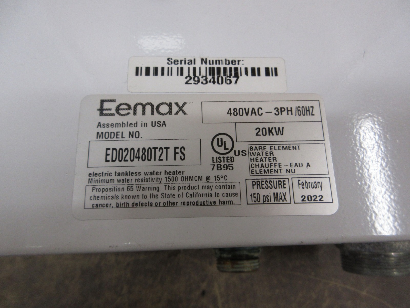 Eemax Electric Tankless Water Heater ED020480T2T FS 20kW 480V 3Ph 60Hz 150PSI