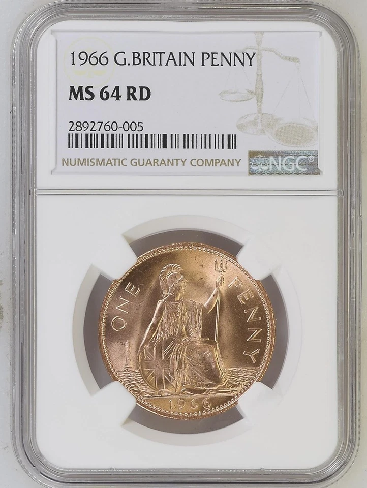 1966 Great Britain BRITANNIA LARGE COPPER PENNY NGC MS64 RD LOW MINTAGE - Image 1 of 2