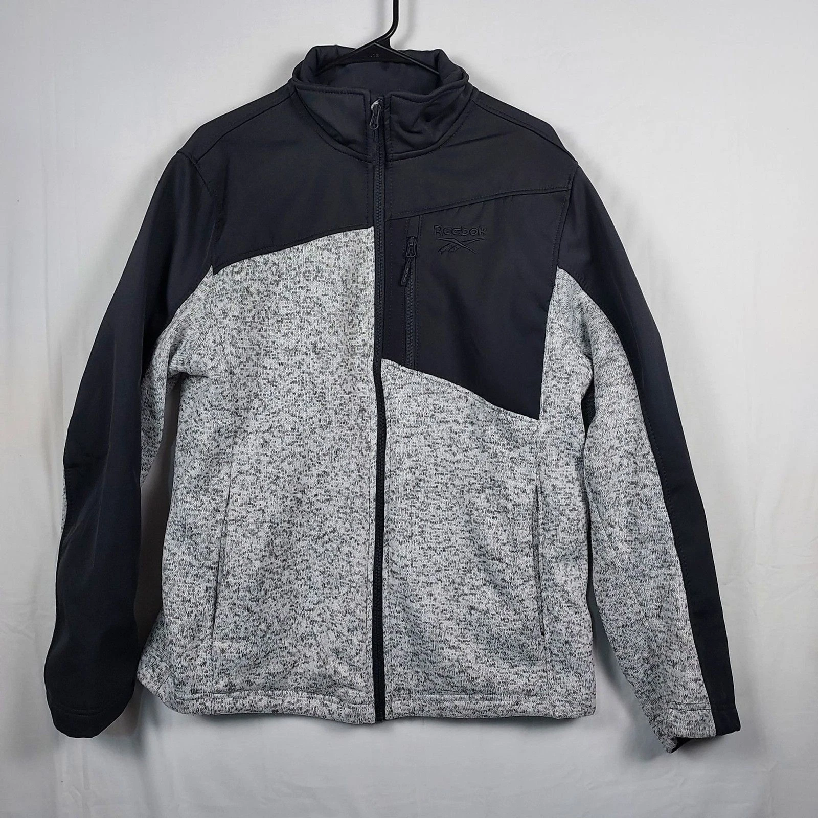 Reebok Mens Large Full Zip Fleece Jacket Gray Black Hooded Athletic Activewear